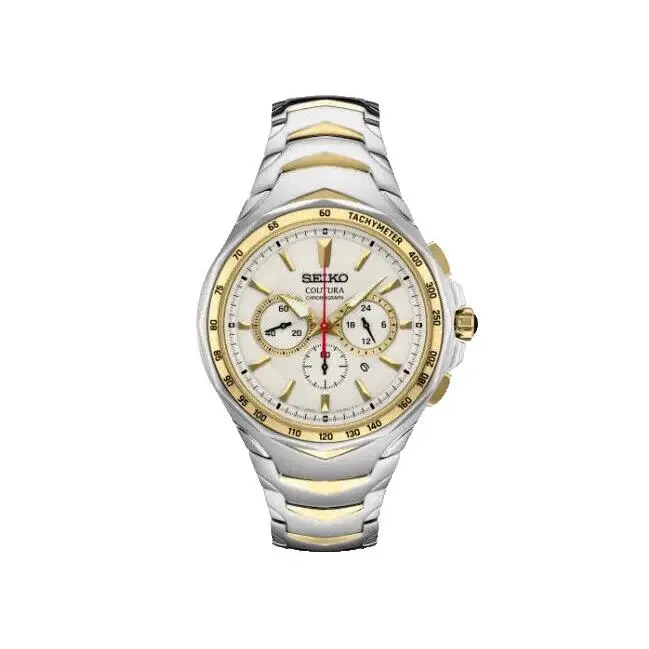 Seiko Coutura Chronograph Men`s Watch Stainless Steel Two Tone White Dial SRWZ24 - Dial: White, Band: Gold, Silver, Bezel: Gold