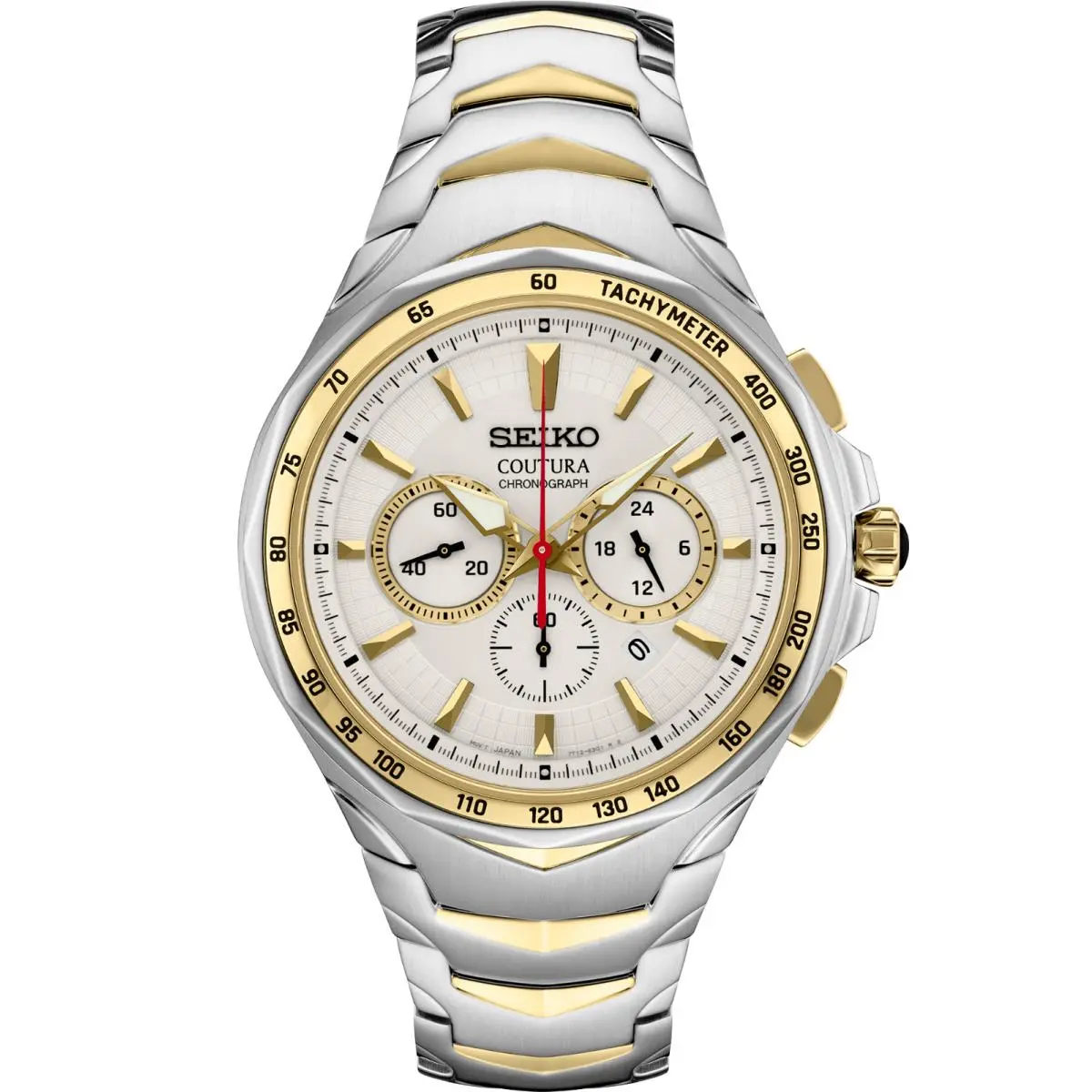 Seiko Coutura Chronograph Stainless Steel Two-tone White Dial Men`s Watch SRWZ24 - Dial: White, Band: Gold, Silver, Bezel: Silver, Gold