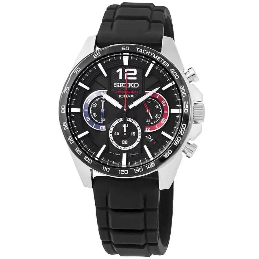 Seiko Essentials Tachymeter Bezel Black Ion Finish Watch SSB34 - Dial: Black, Band: Black