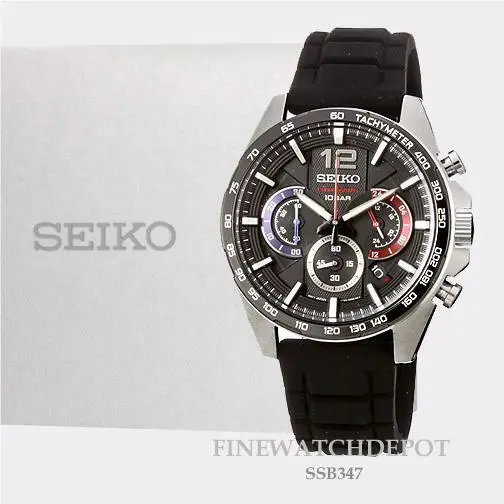 Seiko Essentials Tachymeter Bezel Black Ion Finish Watch SSB347 - Dial: Black, Band: Black