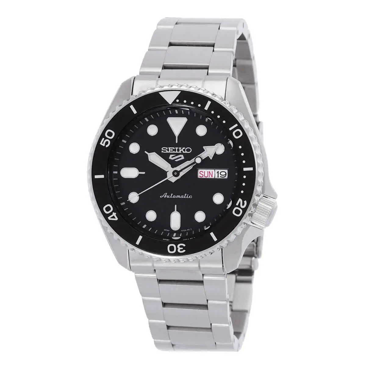 Seiko 5 Sports Automatic Black Dial Men`s Watch SRPD55K1 - Dial: Black, Band: Silver, Bezel: Black