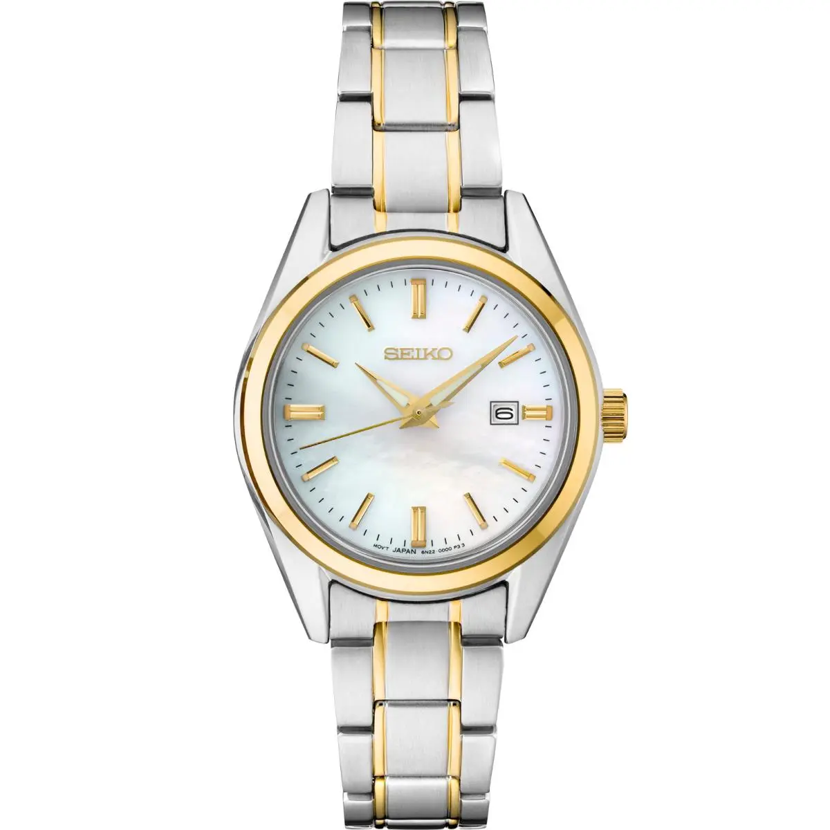 Seiko Essentials Two-tone White Mop Dial Stainless Steel Women`s Watch SUR636 - Dial: White, Band: Gold, Silver, Bezel: Silver, Gold