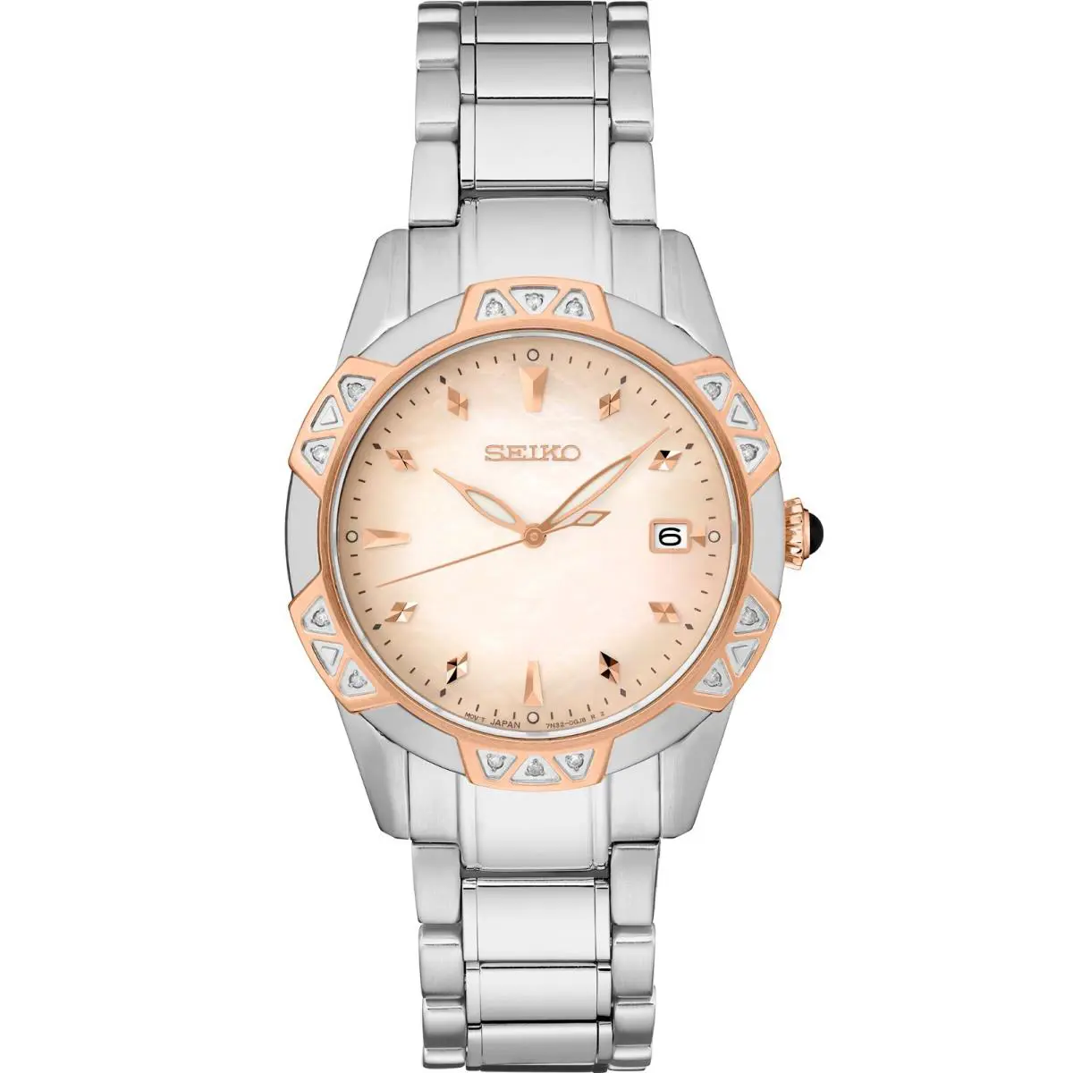 Seiko Diamond Collection SKK730 33mm Two-tone Women`s Watch-mother of Pearl Dial - Band: Silver, Bezel: Rose Gold, Silver