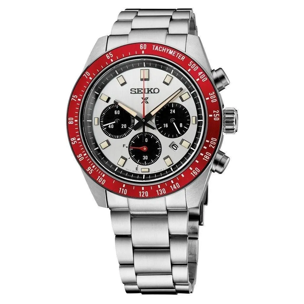 Seiko Prospex Speedtimer Solar Chrono Men`s Watch Extra Band Set SSC945 - Dial: White, Band: Silver, Bezel: Red