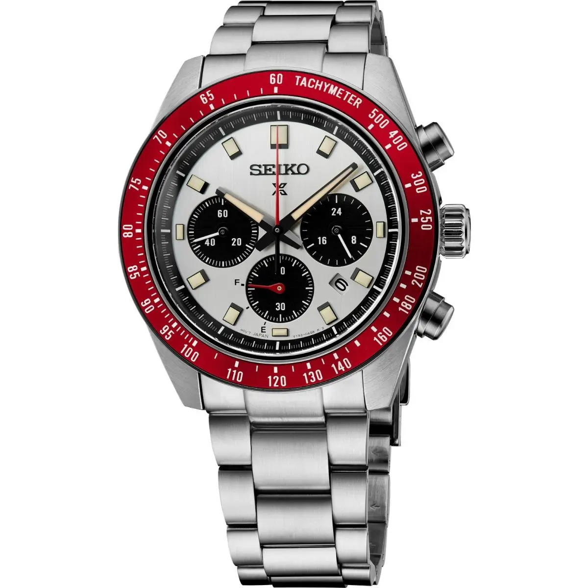 Seiko Prospex Speedtimer Chrono Special Edition Men`s Watch SSC945 - Dial: Silver, Band: Silver, Bezel: Red