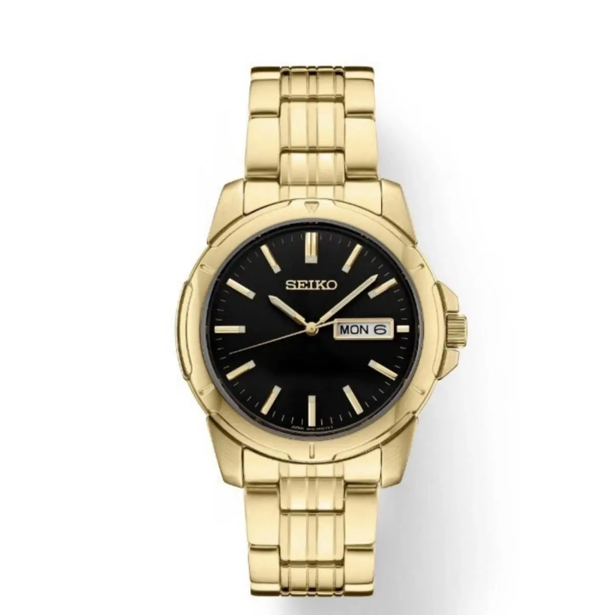 Seiko Essentials Black Dial Gold Stainless Steel Bracelet Men`s Watch SUR358J1 - Dial: Black, Band: Gold, Bezel: Gold