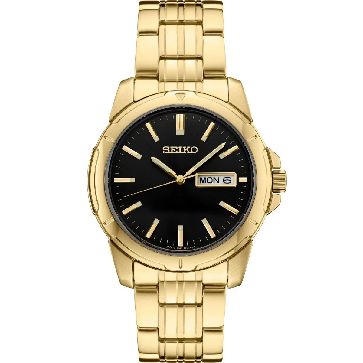 Seiko Essentials Black Dial Gold Tone Stainless Steel Men`s Watch SUR358 - Dial: Black, Band: Gold, Bezel: Gold