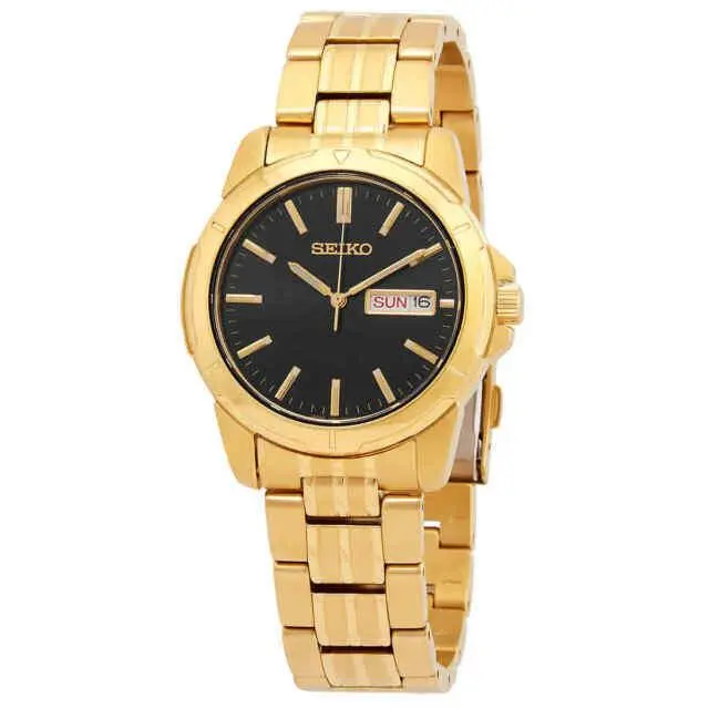 Seiko SUR358 Essentials Gold Tone Black Day Date Dial Men`s Watch - Dial: Black, Band: Gold, Bezel: Gold