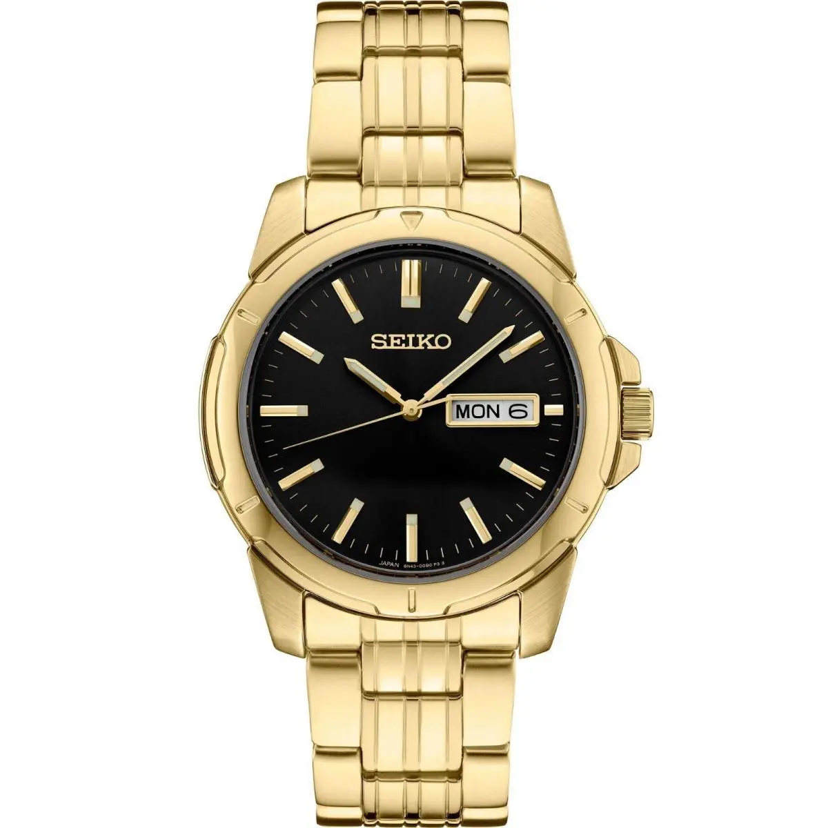 Seiko Essentials Gold Tone Black Dial Mens Watch SUR358 - Dial: Black, Band: Gold, Bezel: Gold