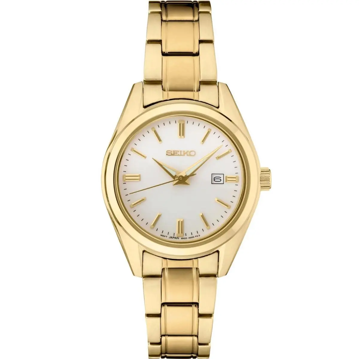 Seiko Essentials Quartz Gold Tone Womens Watch SUR632 - Dial: Silver, Band: Gold, Bezel: Gold