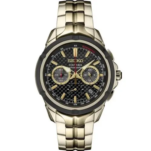 Seiko Men`s Coutura Chrono Carbon Dial 43 mm Gold Steel Quartz Watch SSB438 - Band: Gold