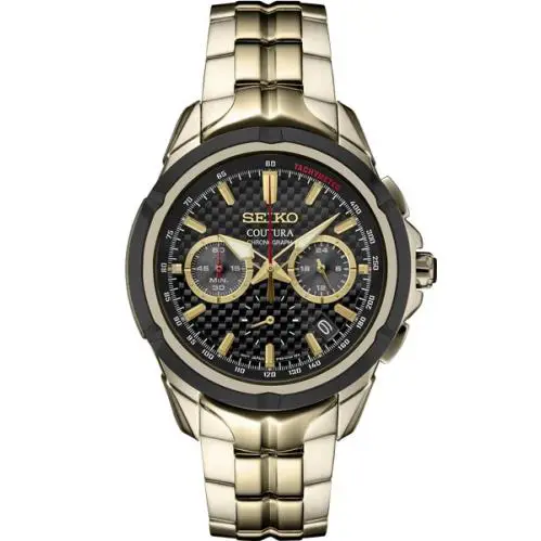 Seiko Men`s Coutura Chrono Carbon Dial 43 mm Gold Steel Quartz Watch SSB438 - Gold, Quartz