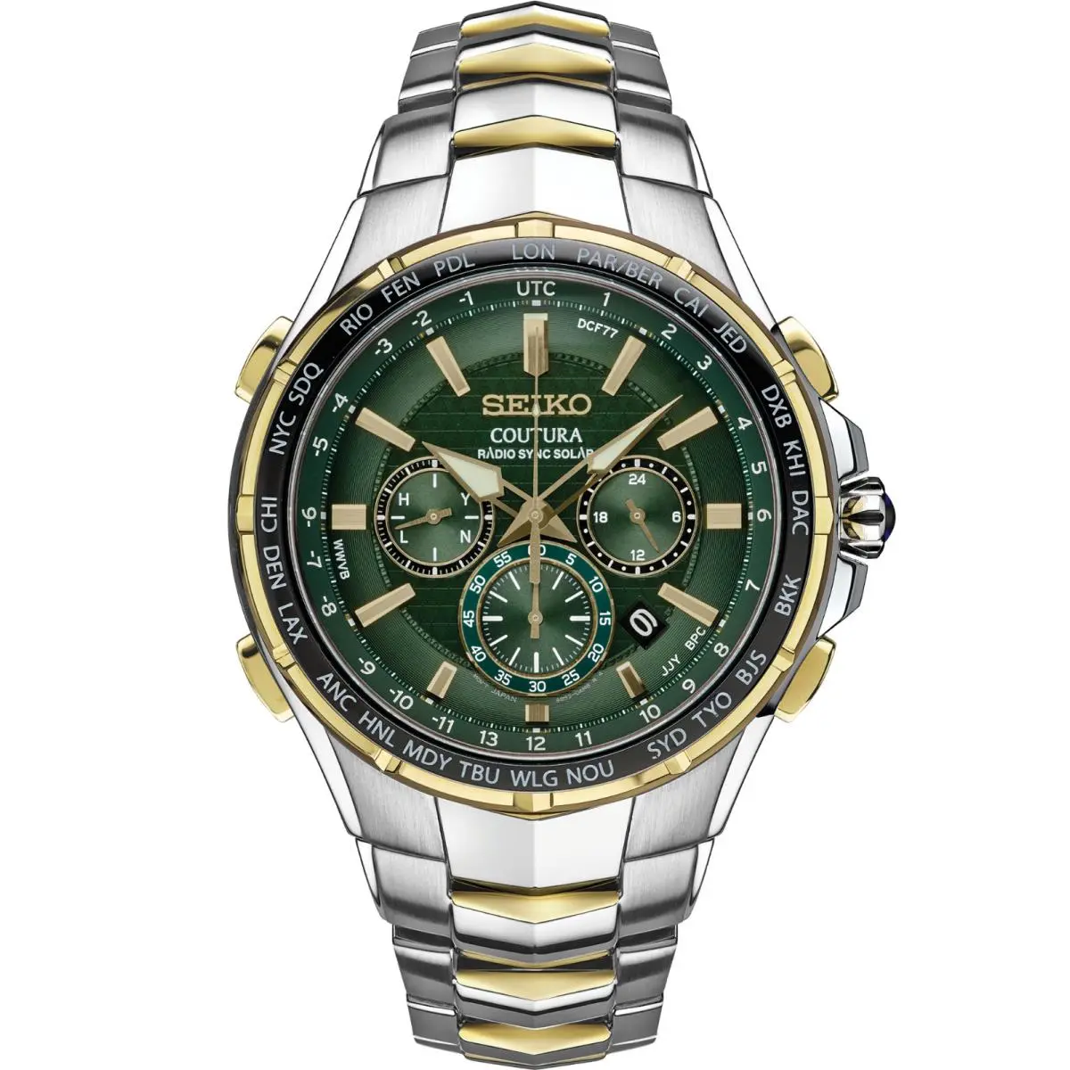 Seiko Men`s Coutura Radio Sync Solar Chronograph Two-tone Watch SSG022 - Dial: Green, Band: Silver, Gold, Bezel: Gold