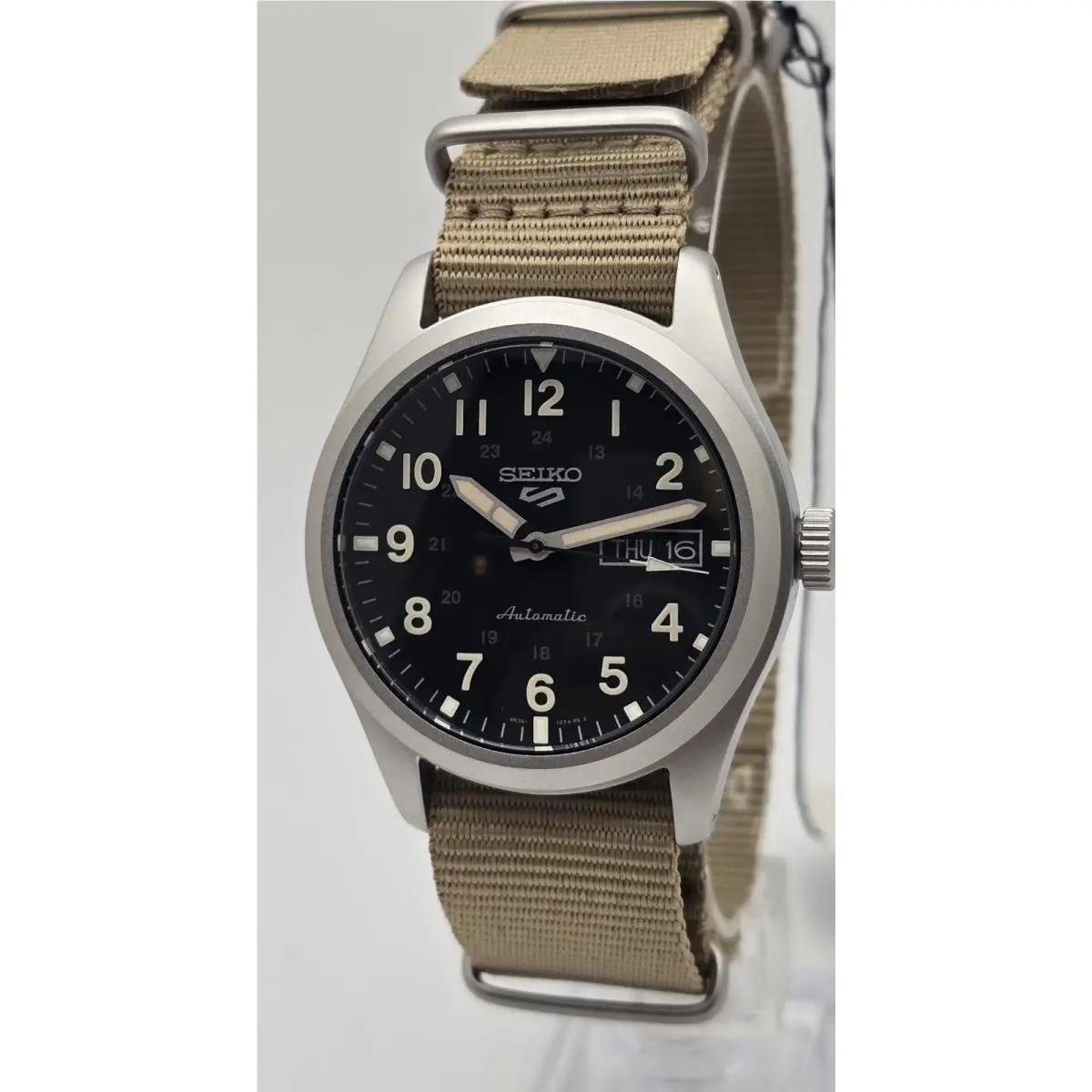 Seiko 5 Sports SRPG35K1 Mid-size 39.4mm Automatic Black Dial Tan Nylon Strap