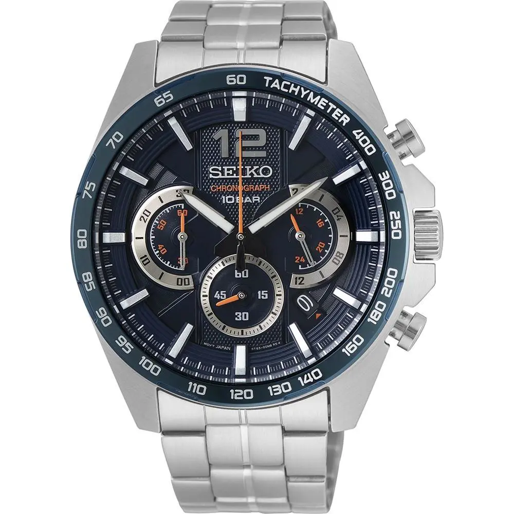 Seiko Essentials Chronograph Quartz Blue Dial Men`s Watch Ssb345 - Dial: Blue, Band: Silver, Bezel: Blue
