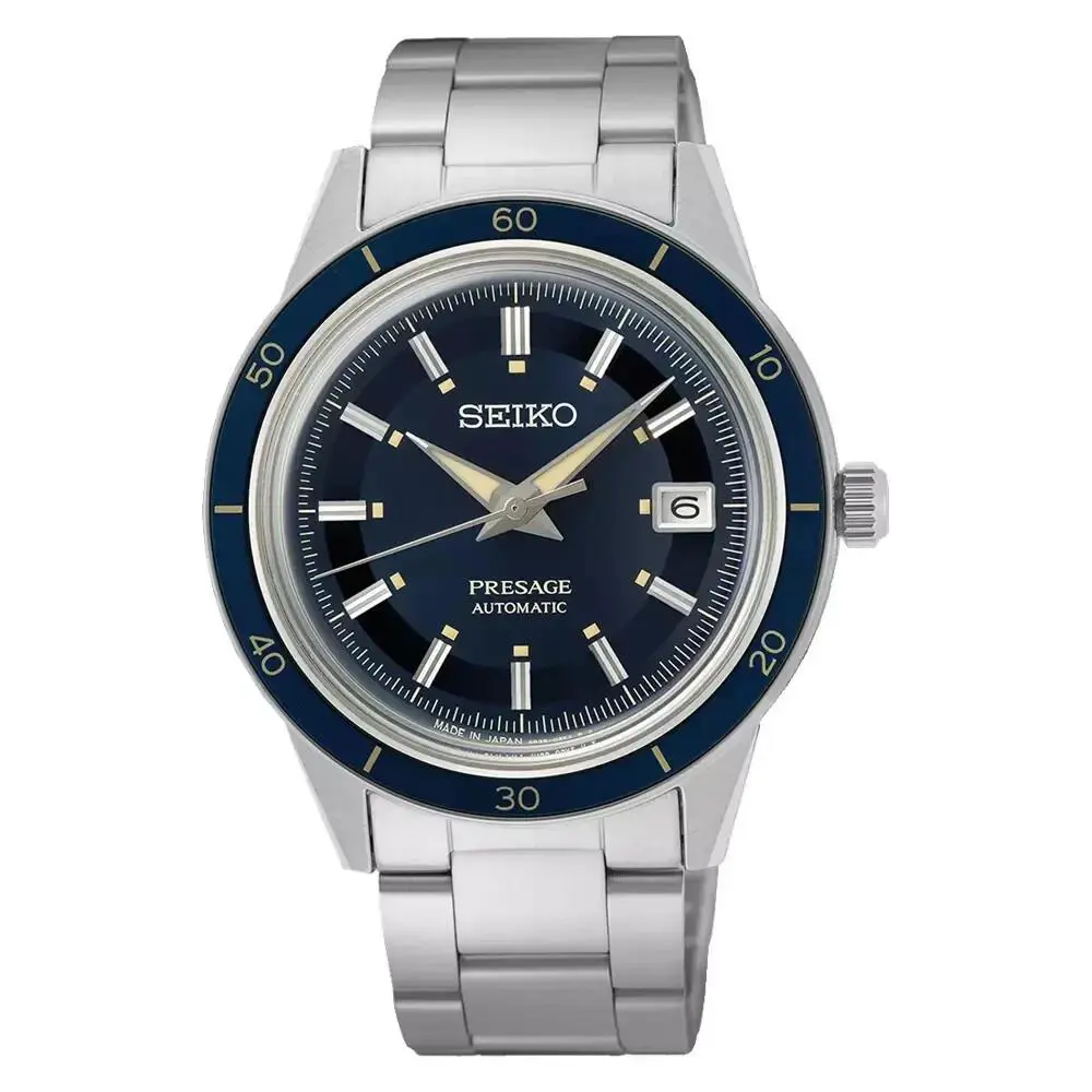 Men`s Presage Automatic Blue Dial 60s Style Steel Bracelet Watch SRPG05 by Seiko