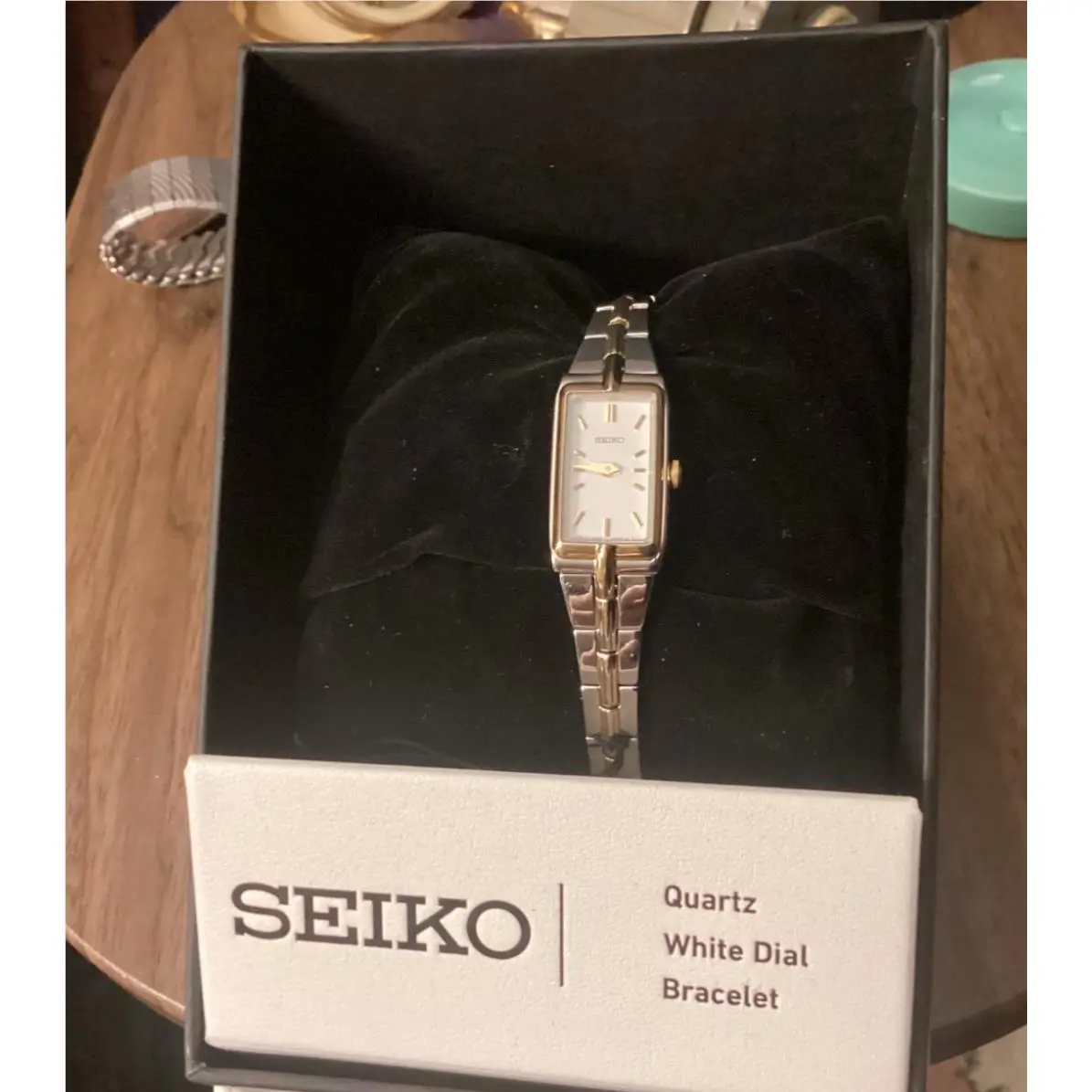 Seiko Essentials Rectangle White Dial Two-tone Steel SWR044 Women`s Dress Watch - Dial: White, Band: Gold, Silver, Bezel: Gold