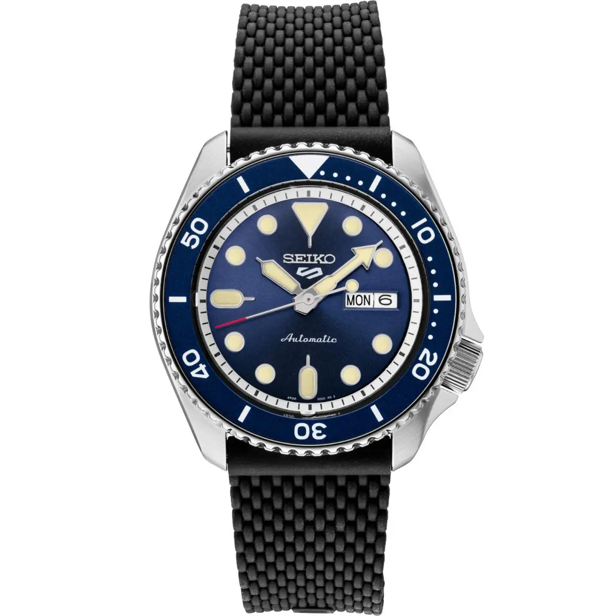 Seiko 5 Sports Stainless Steel Automatic Blue Dial Men`s Watch SRPD93 - Dial: Blue, Band: Black, Bezel: Blue