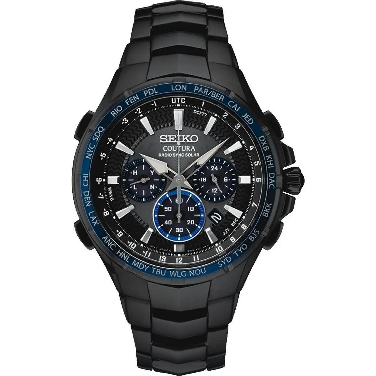 Seiko Coutura Radio Sync Solar Black Chronograph Mens Watch SSG021 - Dial: Black, Band: Black, Bezel: Blue