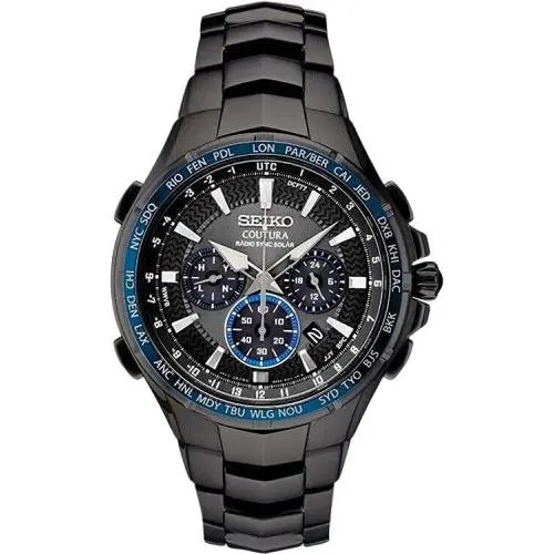 Seiko Coutura Radio Sync Solar Chronograph 44.5 mm Black Dial Men`s Watch SSG021 - Dial: Black, Band: Black, Bezel: Blue