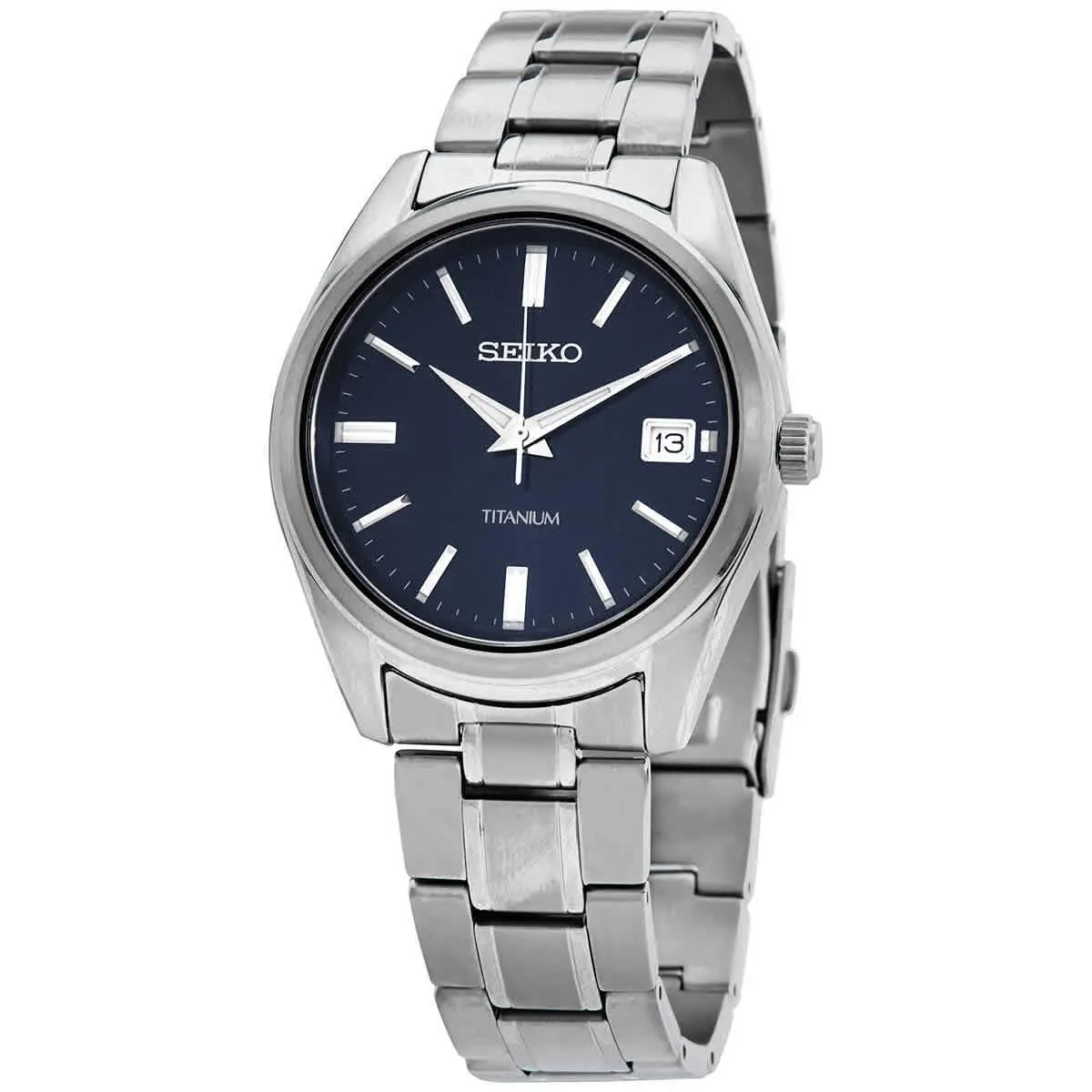 Seiko Classic Quartz Blue Dial Grey Titanium Men`s Watch SUR373 - Dial: Blue, Band: Gray, Bezel: Gray