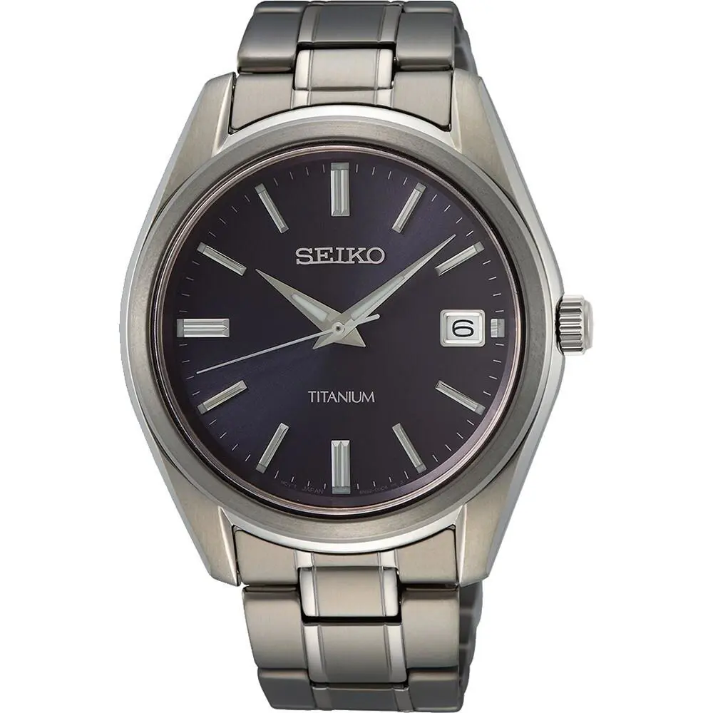 Seiko Classic Quartz Blue Dial Grey Titanium Bracelet Men`s Analog Watch SUR373 - Blue, Dial: Blue, Band: Silver