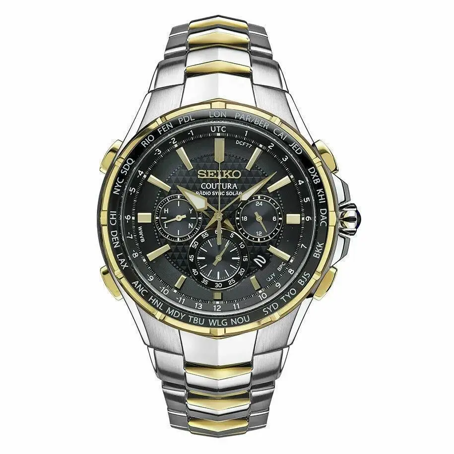 Seiko Coutura Radio Sync Solar Chronograph 44.5 mm Gray Dial Men`s Watch SSG010 - Dial: Gray, Band: Gold, Silver, Bezel: Gray