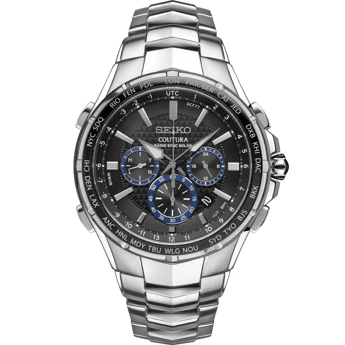 Seiko Coutura Radio Sync Solar Chronograph Stainless Steel Men`s Watch SSG009 - Dial: Black, Band: Silver, Bezel: Black