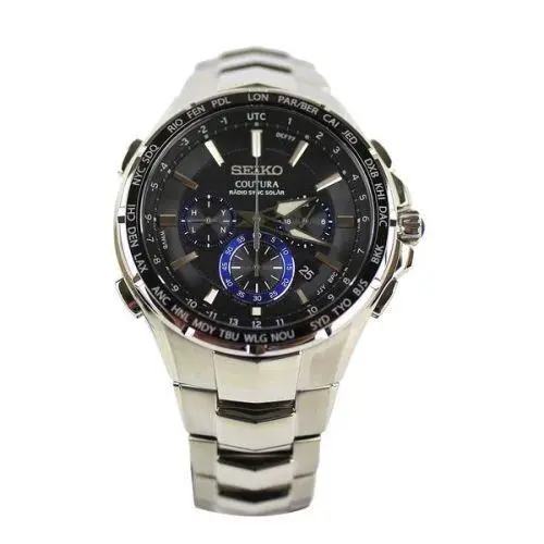 Seiko Men`s Coutura Radio Sync Solar Chronograph Stainless Watch SSG009 - Dial: Black, Band: Silver, Bezel: Black