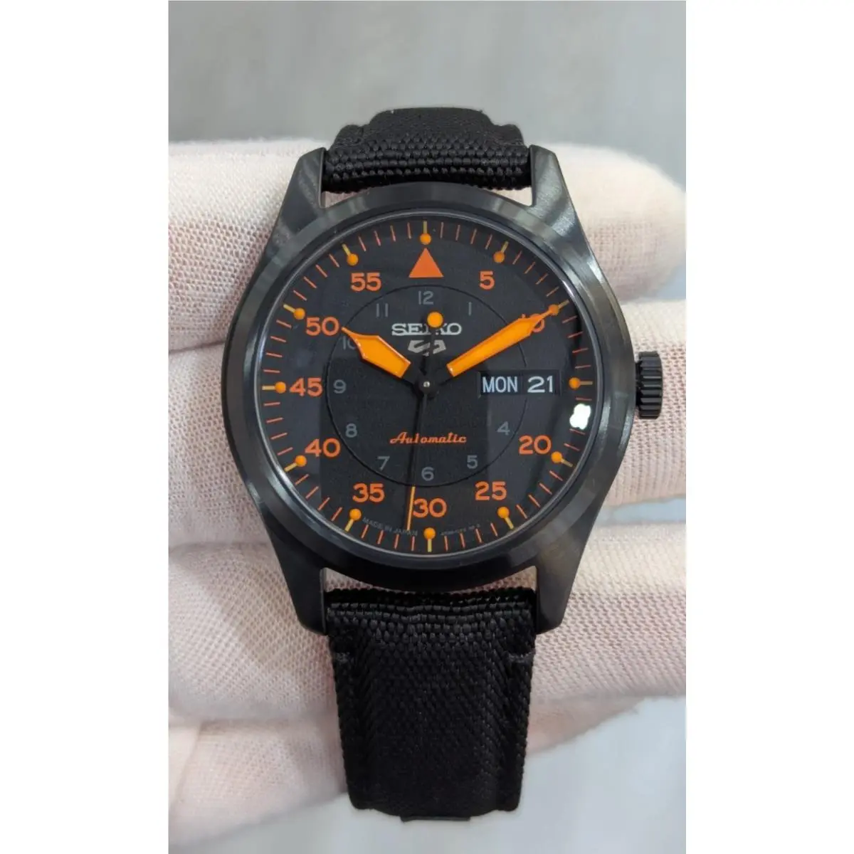 5 Sports Auto All Black Orange Hands 39mm Men`s Watch SRPH33 by Seiko