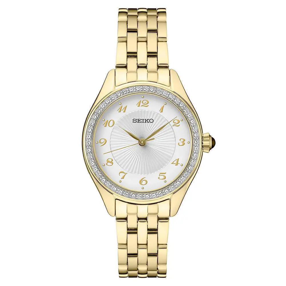 Seiko Essential SUR394 Silver Dial Stainless Steel Women`s Watch - Dial: White, Band: Gold, Bezel: Gold, White