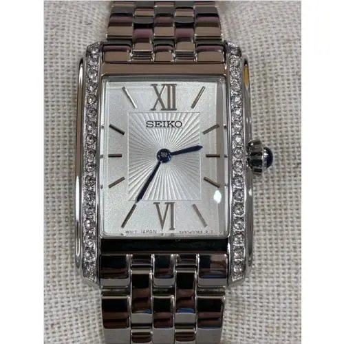Women`s Rectangular Silver Dial with Crystals Stainless Steel Watch SWR091 by Seiko