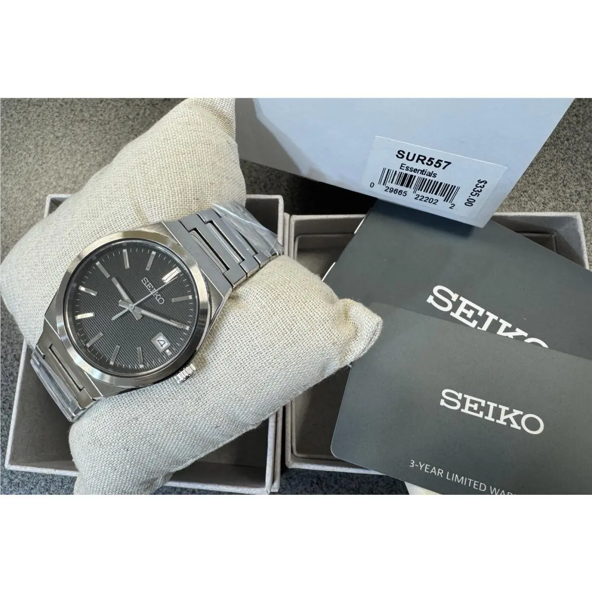 Classic Black Pressed Dial Sapphire Crystal Steel Quartz Watch SUR557 by Seiko