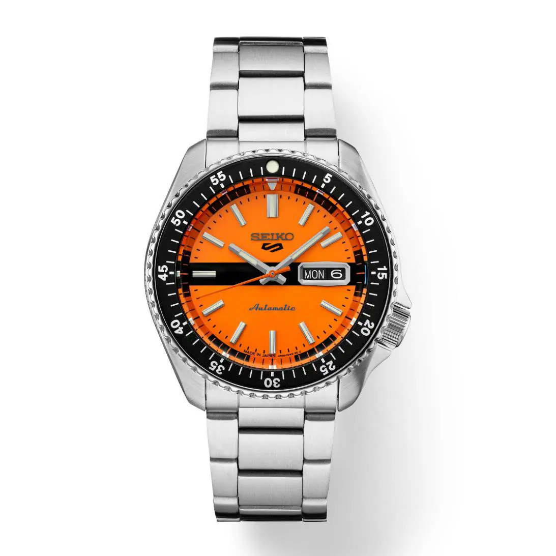 Seiko 5 Sports SRPK11 42.5mm Steel Orange Dial Day Date Automatic Men`s Watch - Dial: Orange, Band: Silver, Bezel: Black