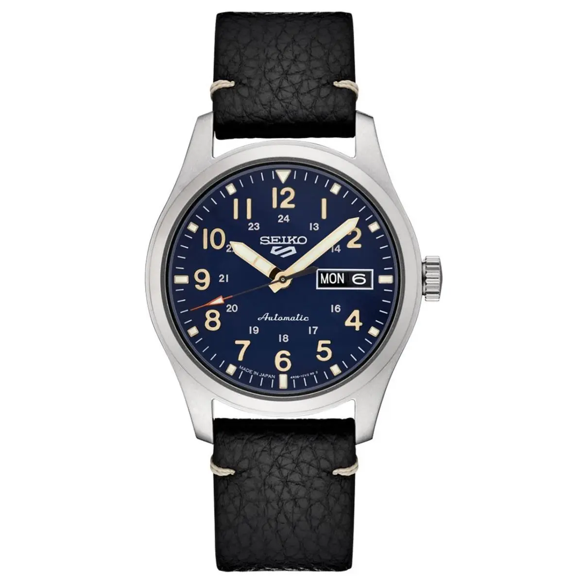 Seiko 5 Sports Auto Blue Dial Black Leather Strap Men`s Watch SRPG39
