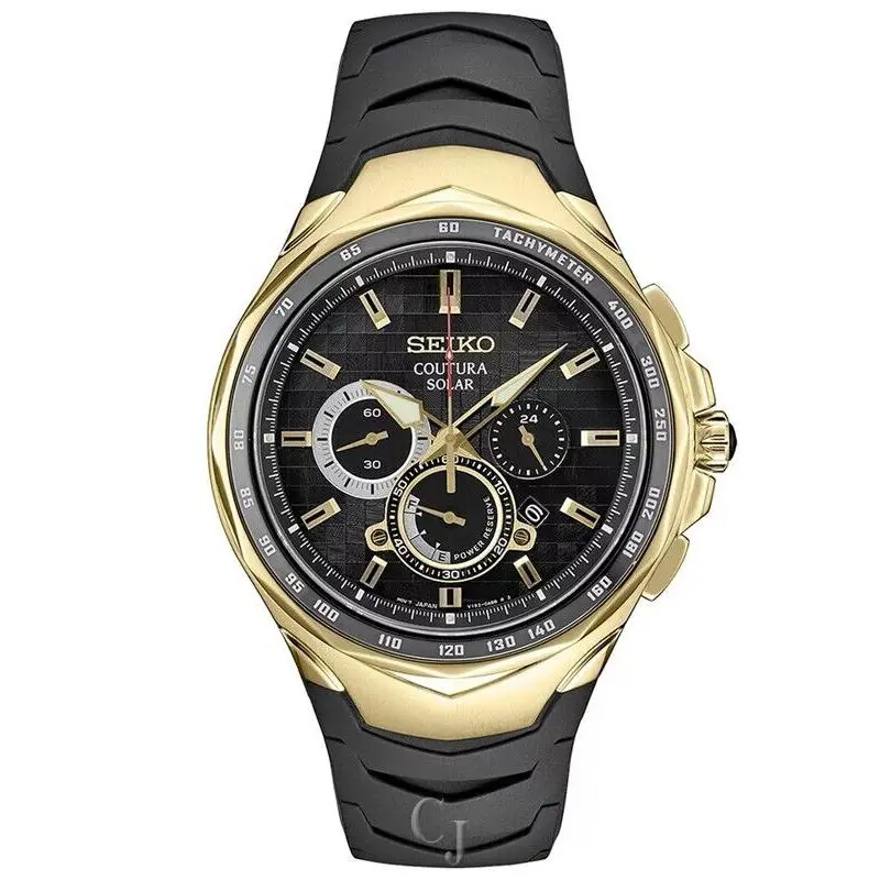Seiko Coutura Solar Powered Chrono 45.5mm Black Dial Silicone Band Watch SSC810