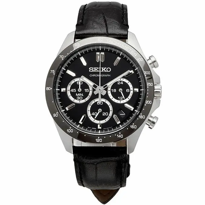 Seiko Spirit SBTR021 Black Dial Leather Band Chronograph Men`s Watch