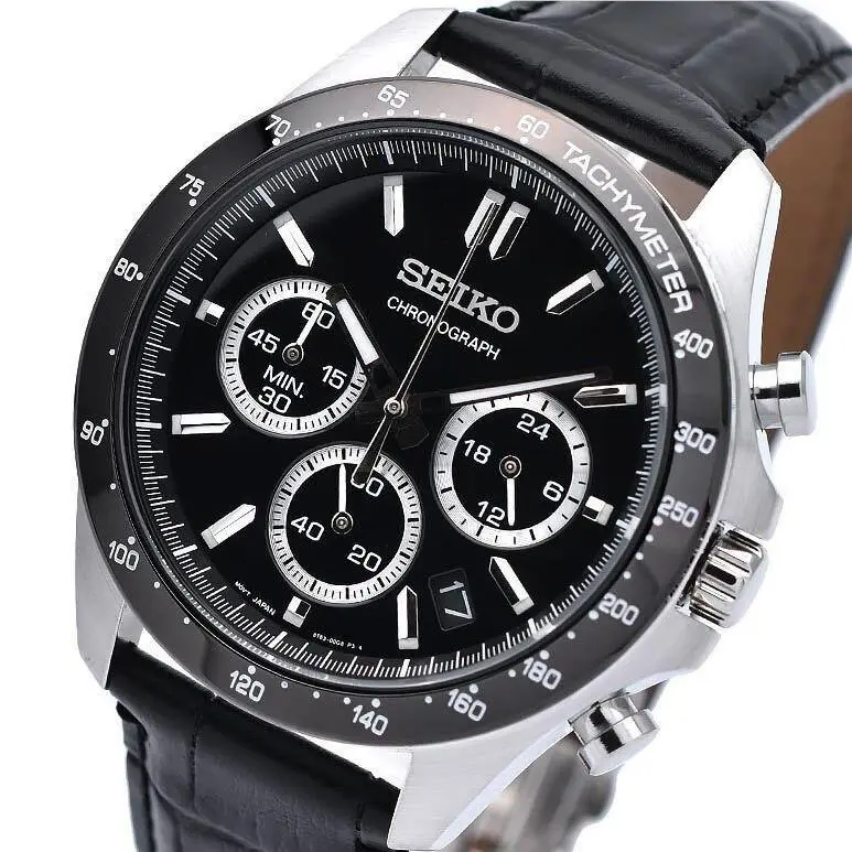 Spirit Black Dial Leather Band Chronograph Men`s Watch SBTR021 by Seiko