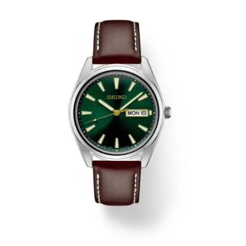 Seiko Essential Minimalist Green Sunray Dial Brown Leather Strap Watch SUR449P1