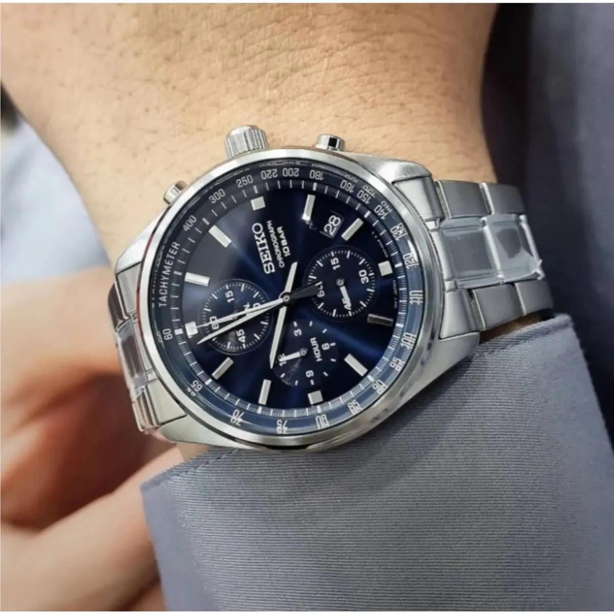 Seiko Chronograph Quartz Blue Dial Men`s Watch SSB377 - Dial: Blue, Band: Silver, Bezel: Silver