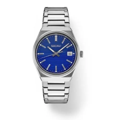 Seiko Essentials Blue Pressed Pattern Sleekly Angled Dial Men`s Watch SUR555P1 - Dial: Blue, Band: Silver, Bezel: Silver