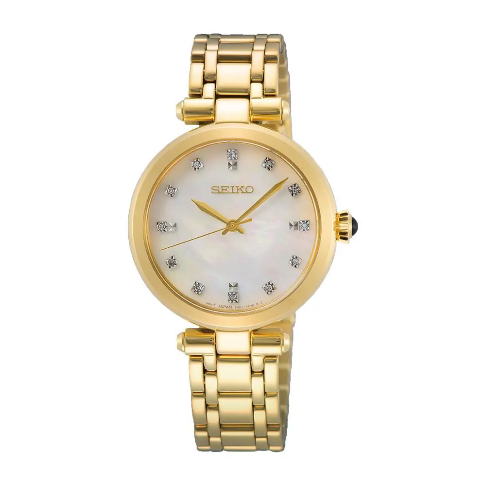 Seiko Diamonds SS GP Quartz Mother of Pearl Dial Women`s Watch SRZ536