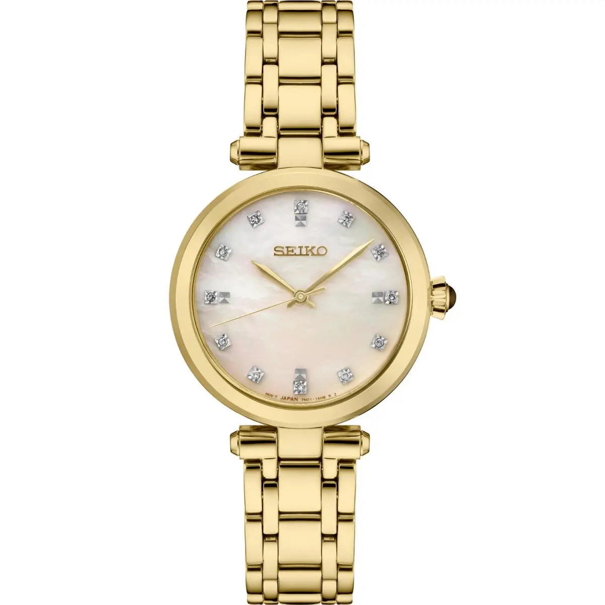 Seiko Diamonds SS GP Quartz Mother of Pearl Dial Women`s Watch SRZ536 - Dial: White, Band: Gold, Bezel: Gold