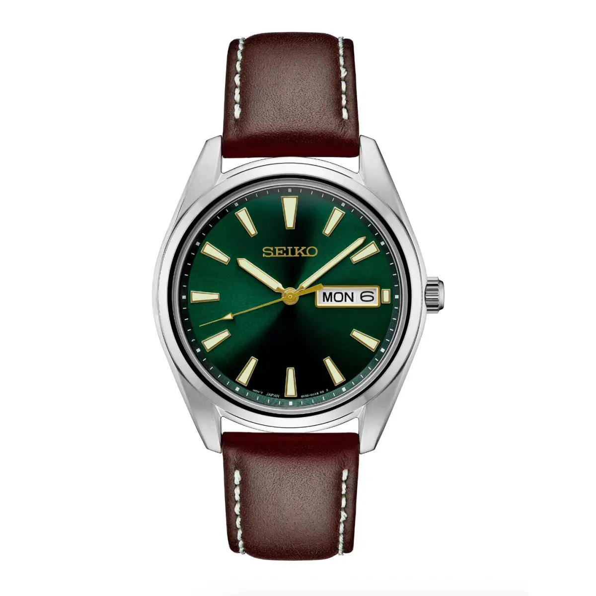 Seiko SUR449 Essentials 40mm Green Dial Steel Daydate Leather Quartz Men`s Watch