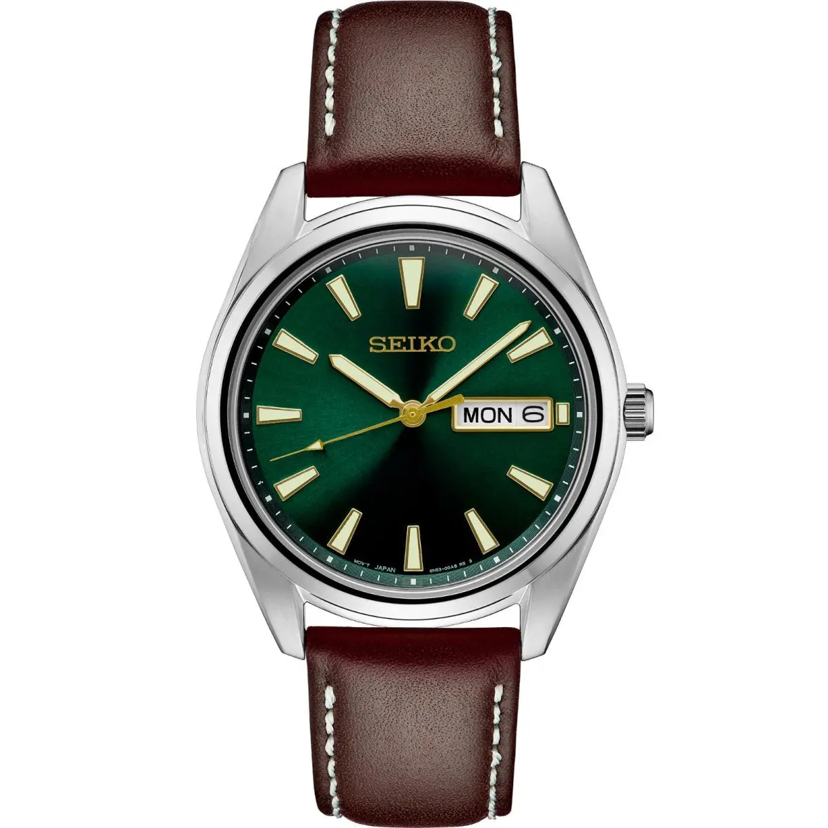 Seiko Essentials Quartz Leather Strap Green Dial Men`s Watch SUR449