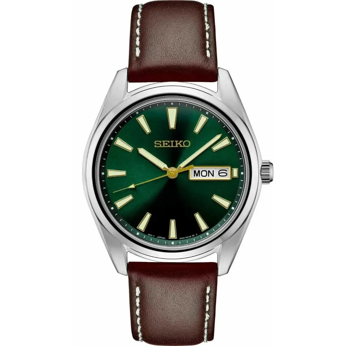 Seiko Men`s Essentials Green Dial Brown Leather Strap Watch SUR449 - Dial: Green, Band: Brown, Bezel: Brown, Green
