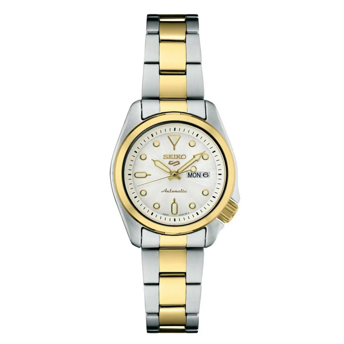 Seiko 5 Sports White Women`s Watch - SRE004 - Dial: White, Band: Silver, Gold, Bezel: Gold