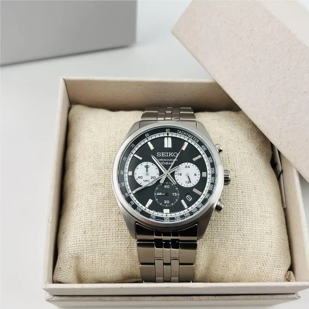 Seiko Essentials Men`s SSB429 Chronograph Quartz Watch Black Dial 41.5mm