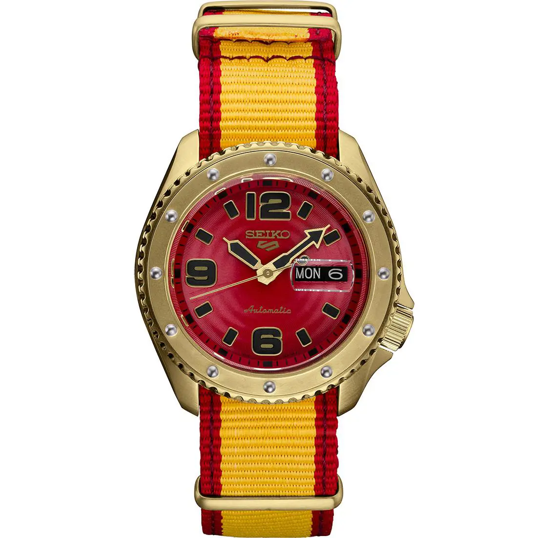 Seiko 5 Sports SRPF24 Street Fighter Zangief 42.5mm Limited Edition Men`s Watch - Dial: Red, Band: Multicolor, Red, Yellow, Bezel: Gold