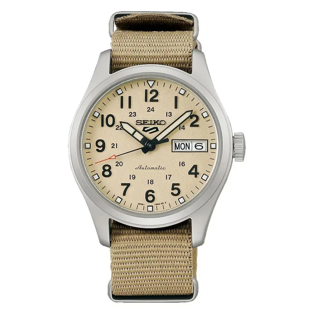 Seiko Unisex 5 Sports Automatic Beige Dial Watch - SRPJ83K1 - Dial: Beige, Band: Beige